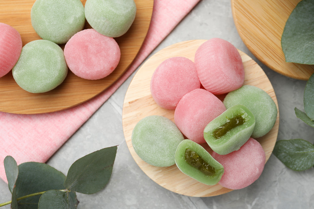Mochi rice cakes on a plate.