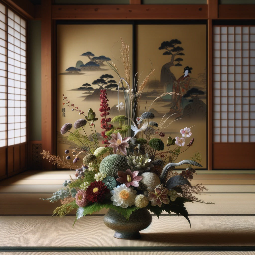 Spring ikebana. Floral composition with spring blooming magnolia and plum branch flowers in brown ceramic bowl, bark and stones around, standing on grey table.